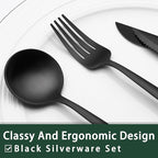 EWFEN 24-Piece Black Silverware Set with Steak Knives, Black Flatware Set for 4, Food-Grade Stainless Steel Tableware Cutlery Set, Mirror Finished Utensil Sets for Home Restaurant, Long Edge