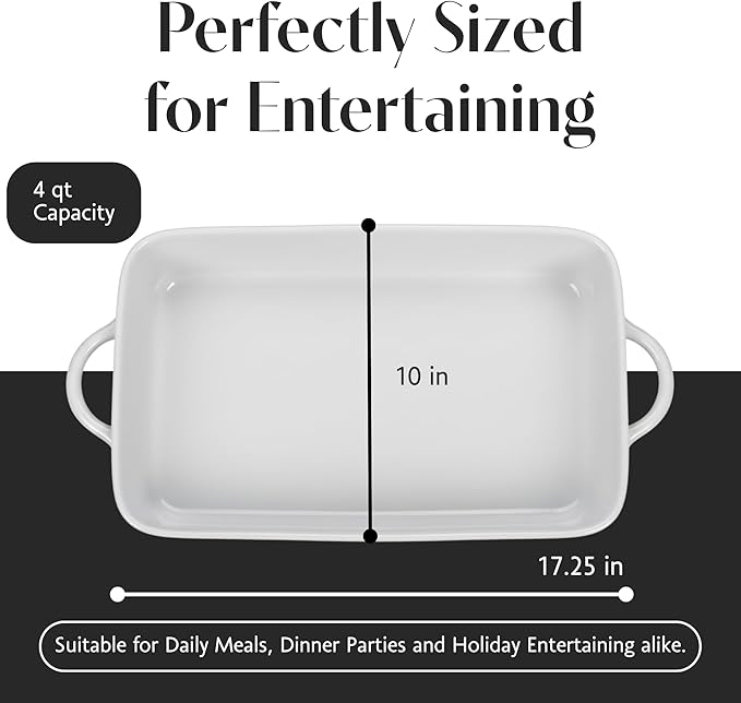 BIA Cordon Bleu Taos Rect Baker - 4 Qt. Porcelain Baking Dish with Side Handles, Classic Shape for Family Meals & Entertaining - 17" x 10" Rectangular Microwave, Oven & Dishwasher Safe Serveware