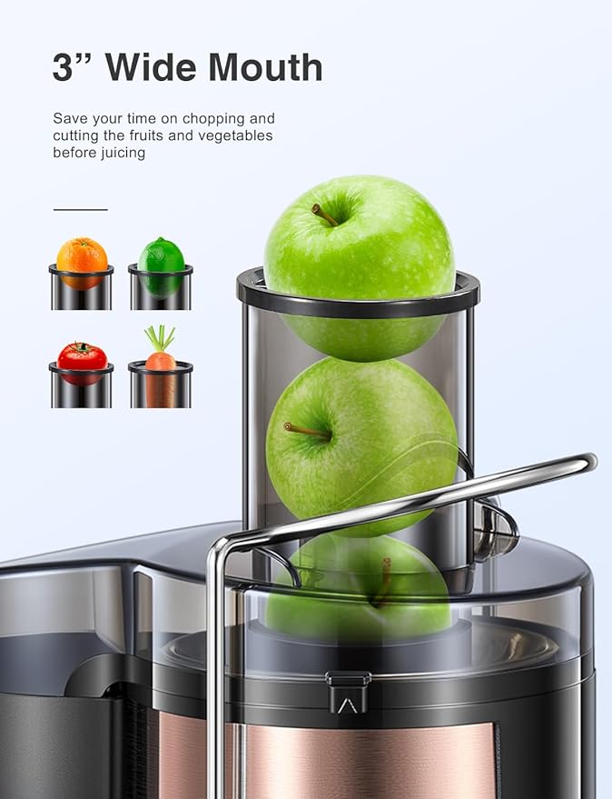 QCen Juicer Machine, 500W Centrifugal Juicer Extractor with Wide Mouth 3” Feed Chute for Fruit Vegetable, Easy to Clean, Stainless Steel, BPA-free (Rose Gold)