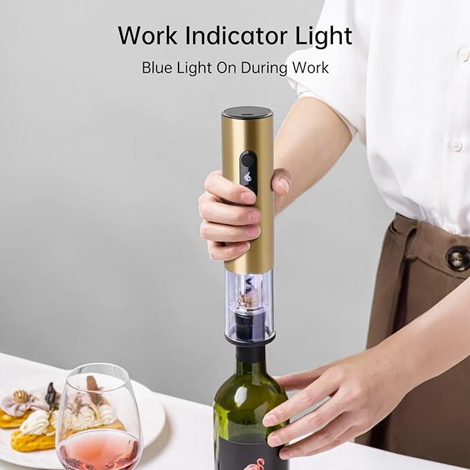 Rechargeable Wine Opener by ELMWAY, Electric Wine Bottle Opener with Foil Cutter, LED Light and Stainless Steel Shell, Cordless Corkscrew & Cork Remover, Gifts for Wine lover- Gold