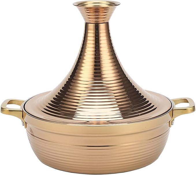 Moroccan Tagine Cooking Pot,Stainless Steel Non Stick Moroccan Casserole with 2 Handles,Large Moroccan Cooker Handmade Tagine Pot with Cone-Shaped Lid(27cm, Rose Gold)