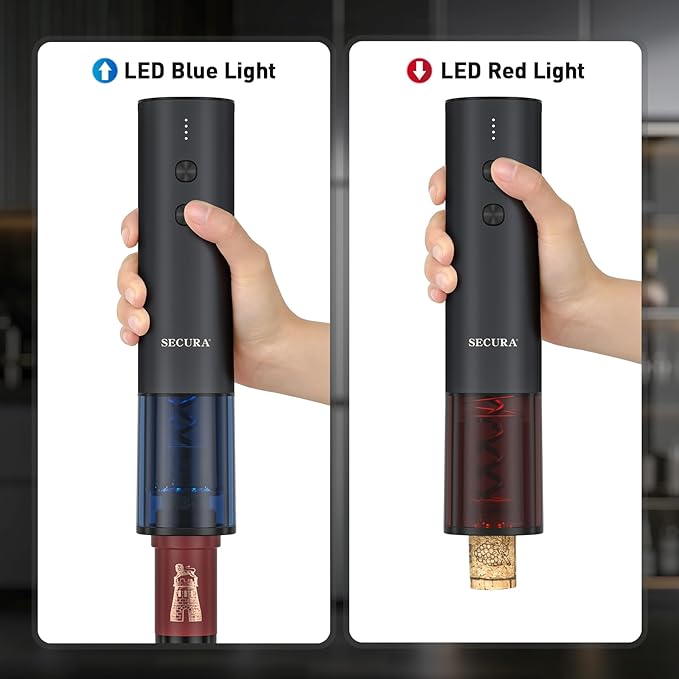 Secura Stainless Steel Electric Wine Opener, Rechargeable Automatic Home Wine Bottle Opener with Foil Cutter & Charging Cable, Reusable Corkscrew Wine Opener Electric for Wine Lovers, Black