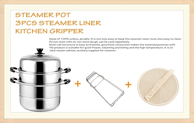 11.8inch Steam Pots with 3pcs Steamer Liners and Kitchen gripper 3-tier Stainless Steel Steamer Pot with Lid for Cooking Multipurpose Vegetable, Dumpling, Stock, Sauce