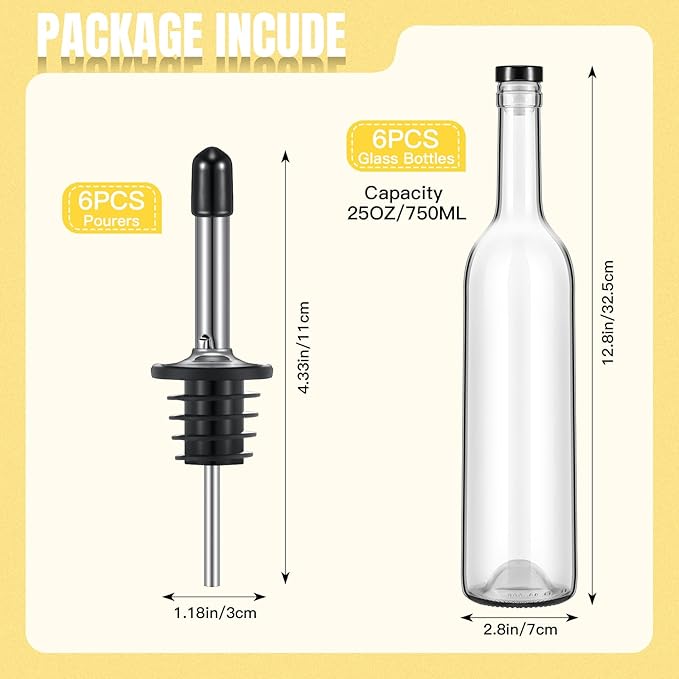 Baderke 6 Pack Glass Long Neck Bottles with Pourer and Caps Clear Glass Wine Syrup Bottle with Spout for Liquor Juice Home Party Bar Kitchen Accessories(Stainless Steel)