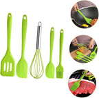 TOYANDONA 5pcs Silicone Baking Utensil Set Non-stick Kitchen Cooking Tools Heat Resistant Green Household Kitchenware with Stainless Steel Handles for Mixing and Scraping