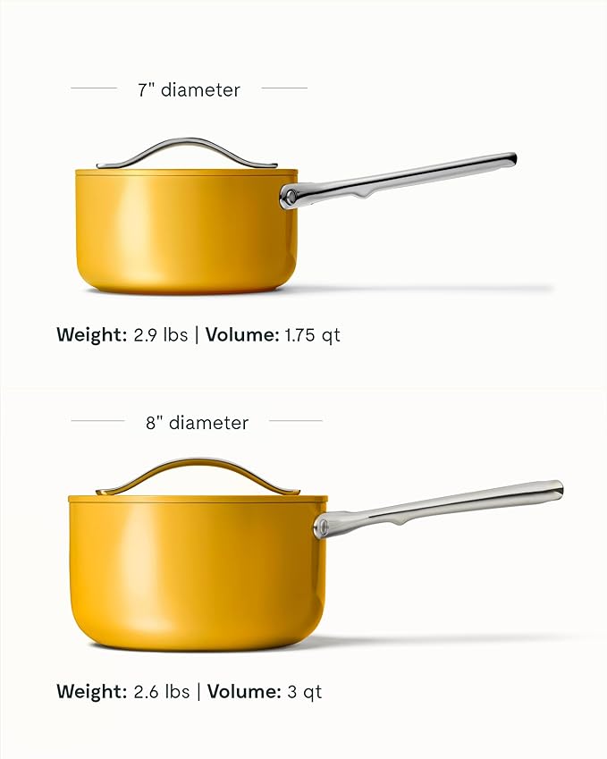 Caraway Nonstick Ceramic Sauce Pan with Lid (3 qt) - Non Toxic, PTFE & PFOA Free - Oven Safe & Compatible with All Stovetops (Gas, Electric & Induction) - Marigold