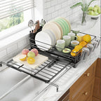 Ekisemio Expandable Dish Drying Rack for Kitchen Counter, Large Capacity Dish Drainer with Utensil Holder & Drip Tray, Space Saving Organizer (12.7"-21.7" x 17"), Black