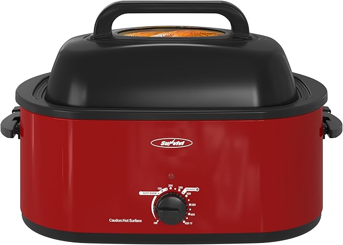 Sunvivi Roaster Oven, Electric Roaster Oven with Viewing Lid, 28lb 24-Quart Turkey Roaster with Unique Defrost/Warm Function, Large Roaster with Removable Pan & Rack, Stainless Steel, Red