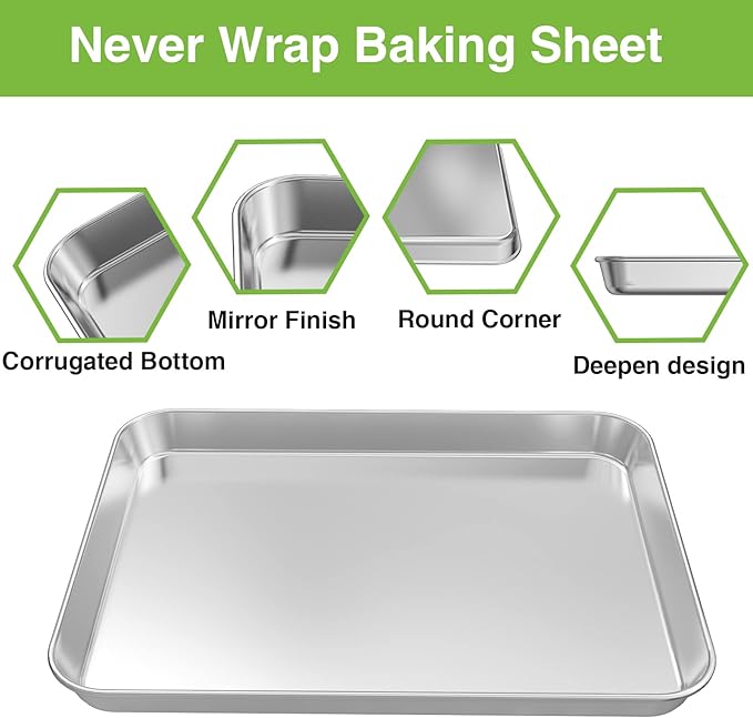 Baking Pans Sheet, 3 Piece Large Cookie Sheets Stainless Steel Baking Pan for Toaster Oven, Umite Chef Non Toxic Tray Pan, Mirror Finish, Easy Clean, Dishwasher Safe, 10 x 8 x 1 inch
