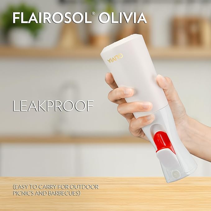FLAIROSOL OLIVIA SIGNATURE Advanced Kitchen Oil Sprayer Technology, Fine Mist & Portion Control, Refillable Glass Olive Oil Cooking Spray Bottle for Air Fryer, Salad, BBQ, 200ml (White, Gold)
