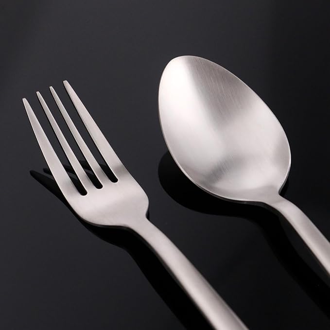 KINGSTONE 40 Piece Silverware Set, Flatware Set for 8, 18/10 Stainless Steel Cutlery Set Mirror Polished Modern Design Dishwasher Safe, Matte Silver