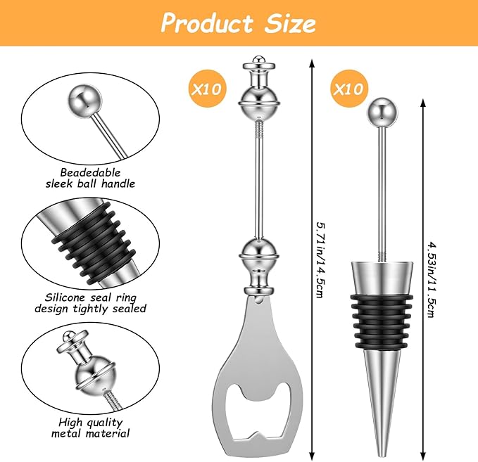 20 Pcs Beadable Wine Stoppers and Beer Openers Bulk, Reusable Alloy Decorative Bottle Stopper, DIY Craft Beer Opener Set for Spring, Summer, Fall, Halloween, Christmas, Party Favor Gifts