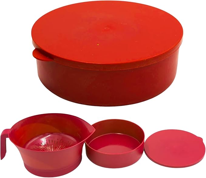 Colander Grease Strainer With Handle And Container, Catch Bowl With Lid 3 Piece Strain Set | Strains Ground Beef, Bacon & Pasta | Safe Kitchen Gadget BPA Free | Made In The USA (Red)