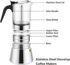 Geesta Premium Crystal Glass-Top Stovetop Espresso Moka Pot - 4/6/ 9 Cups - Stainless Steel Coffee Maker- 240ml/8.5oz/6 cup (espresso cup=40ml)