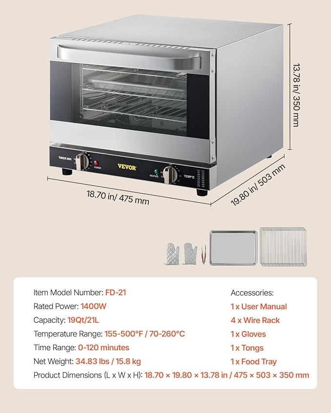 VEVOR Commercial Convection Oven, 21L/19Qt, Quarter-Size Conventional Oven Countertop, 1440W 3-Tier Toaster w/Front Glass Door, Electric Baking Oven w/Trays Wire Racks Clip Gloves, 120V