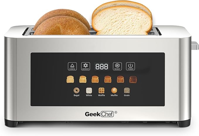 Geek Chef Toaster 4 Slice, 1.5" Touch Screen Extra Wide Slots for Bagels & Waffles, 6 Browning Levels, Timer, Reheat, Defrost, Cancel Function, Auto Shut-Off, Removable Crumb Tray, Stainless Steel