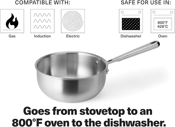 Misen 5-Ply Stainless Steel Saucier with Lid– Induction-Compatible Pan with Curved Sides for Smooth Stirring - Oven Safe to 800F – Even Heat Distribution & Ergonomic Handle - 3 QT
