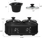 Double Slow Cooker, 2 x 1.25 QT Portable Small Dual Crock Cooker, Buffet Servers and Warmers Dishwasher Safe, Removable Ceramic Pot Glass Lid, Stainless Steel Black