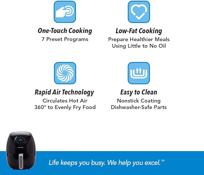 PowerXL Air Fryer 7 QT Maxx Classic, Extra Hot Air Fry, Cook, Crisp, Broil, Roast, Bake, High Gloss Finish, Nonstick, Black