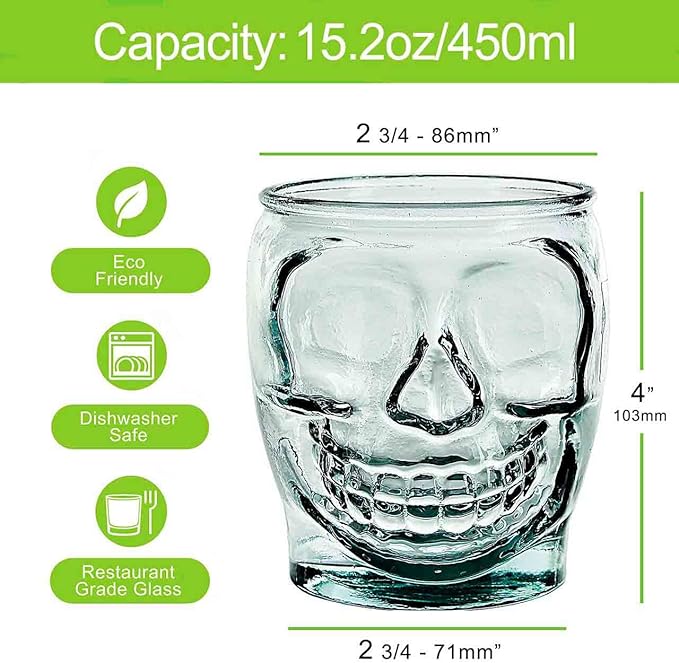 COURONNE CO. Clear Recycled Drinking Glass Tumbler, Perfect for Cocktails, Refreshments & Everyday Use, Restaurant Grade, Crafted without lead-based materials (15.2 Oz, Sugar Skull)