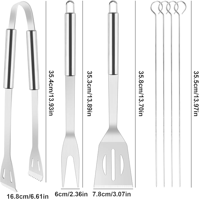 BBQ Grill Tool Set, 7 Pcs Stainless Steel Barbeque Grilling Tool Set, Includes a Spatula/Fork/Pair of Tongs, and 4 Corn skewers, BBQ Tools for Backyard Outdoor Kitchen