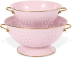 Metal Colander Set of 2, Strainer Basket with Handles 3.5 & 5 Qt Powder Coated Self-draining Solid Ring Base Metal Large Kitchen Colander Bowel for Pasta Vegetable Fruit (PINK)