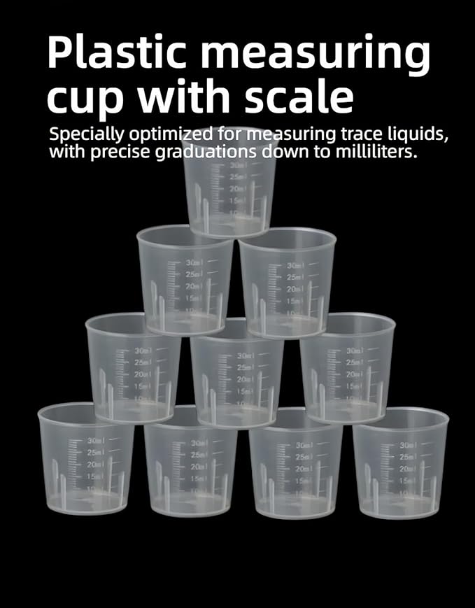 BPA-Free 30ml (1oz) Liquid Measuring Cups (10-Pack) - Mini Plastic Graduated Beakers for Kitchen, Lab, Crafts, Resin - Clear Dual Scale, Accurate safety, Stackable