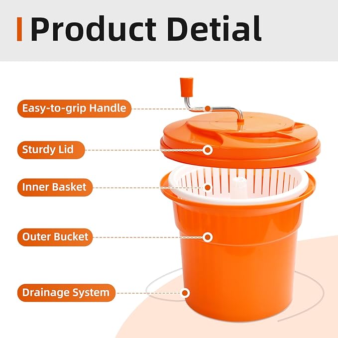 YBSVO 5-Gallon Commercial Salad Spinner – Heavy Duty Large Lettuce Dryer & Vegetable Washer – Manual Food Prep Spinner for Restaurants & Catering (BPA-Free, Holds 5-6 Heads)