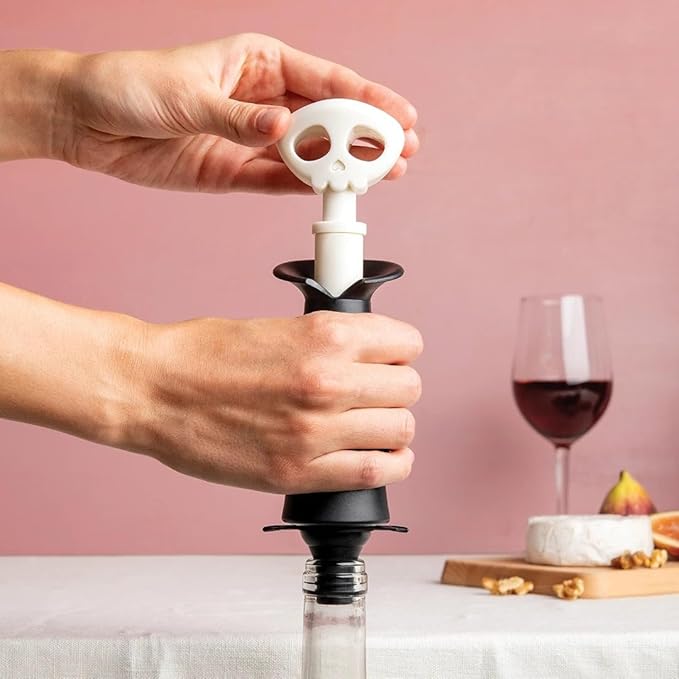 OTOTO New Spookelier Wine Saver Pump and 3 Wine Stopper - Wine Bottle Stoppers for Wine Bottles, Wine Stoppers Vacuum, Spooky Goth Accessories, Fun Skull Halloween Goth Kitchen, Goth Gifts Gadgets