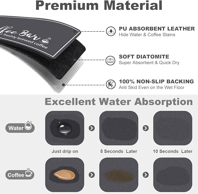 Findosom Dish Drying Mat, 12"x 20" Super Absorbent & Hide Stain Coffee Mat, Cuttable Drying Mat for Kitchen Counter, Coffee Bar Accessories, Under Dish Rack, Coffee Maker, Espresso Machine, DarkGrey