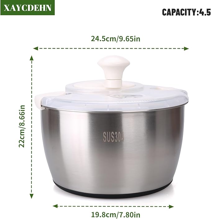 Stainless Steel Salad Rotator, 5-quart Vegetable Dishwasher,Lettuce Cleaner and Dryer, Salad Spinner