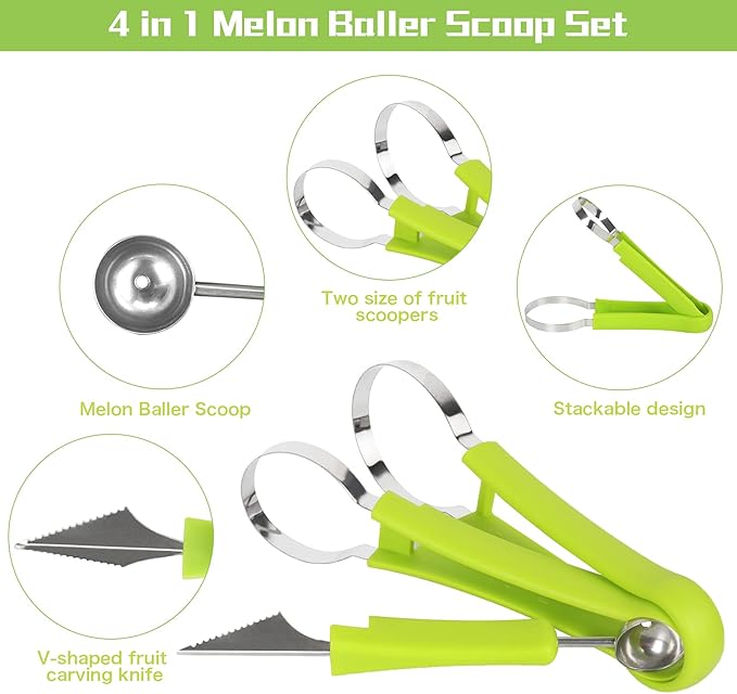14 Pack Melon Baller Scoop Set - 4 in 1 Stainless Steel Fruit Tool Set Fruit Scooper Seed Remover with Fruit Vegetable Cutter Shapes Set Fruit Peeler for Fruit Slicer Dig Pulp Separator
