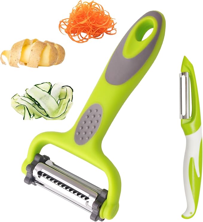 3 in 1 Vegetable Peelers for Kitchen – I & Y Peelers for Potatoes, Carrots, Apples, Cucumbers – Julienne, Slicer & Straight Blades – Sharp Stainless Steel, Non-Slip Handle
