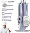 7-Piece Kitchen Gadget Set, Stainless Steel Cooking Utensils Set with Holder, 7-Pieces All Metal Kitchen Utensils, 11.4’’ Long Kitchen Tools with Countertop Rotating Stand (Blue)