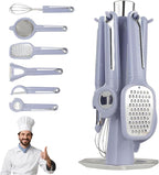 7-Piece Kitchen Gadget Set, Stainless Steel Cooking Utensils Set with Holder, 7-Pieces All Metal Kitchen Utensils, 11.4’’ Long Kitchen Tools with Countertop Rotating Stand (Blue)