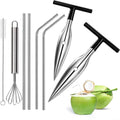 Coconut Opener Tool, 8-Piece Coconut Cutter Set with Stainless Steel Openers and Grater for Easy Coconut Preparation, Includes 4 Straws and Cleaning Brush for Complete Coconut Experience