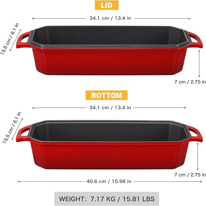 Flavehc Bread Pan Cast Iron Loaf Pan with Lid Bread Loaf Pan 13x5 Inch Enameled Cast Iron Sourdough Bread Pan,Red
