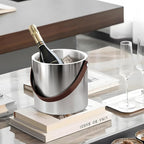 3L Large Ice Bucket with Lid, Scoop, Ice Tong, Strainer & Leather Handle Keep Ice Frozen Longer Large Wine Ice Buckets for Parties,Cocktail Bar, Chilling Beer Champagne, Dark Brown Handle 3L