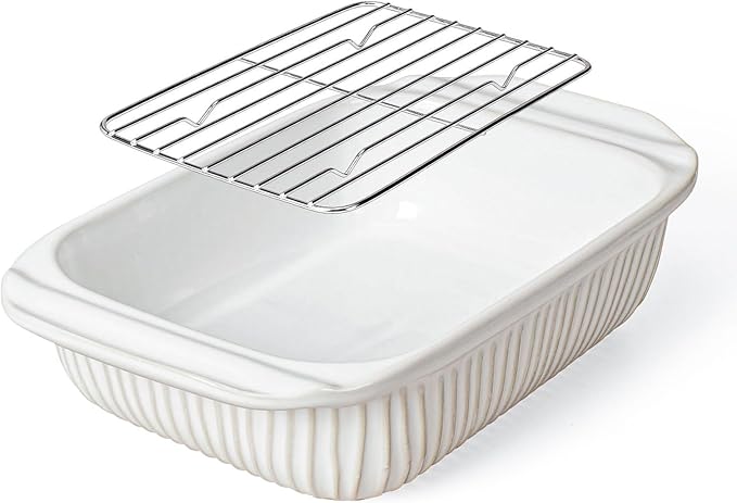 Artena Baking Dish 2.3 Quarts, Casserole Dishes For Oven, Baking Pan With Handles, Lasagna Pan Deep, Large Casserole Dish, Rectangular Ceramic Bakeware, White (Baking Dish With Rack)