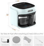 BOSWELL Glass Air Fryer, 7.5 QT with Transparent Fry Bowl, Circulating Heating, Temperature Control, Stainless Steel Air Fryer Roast, Dishwasher Safe (Green)