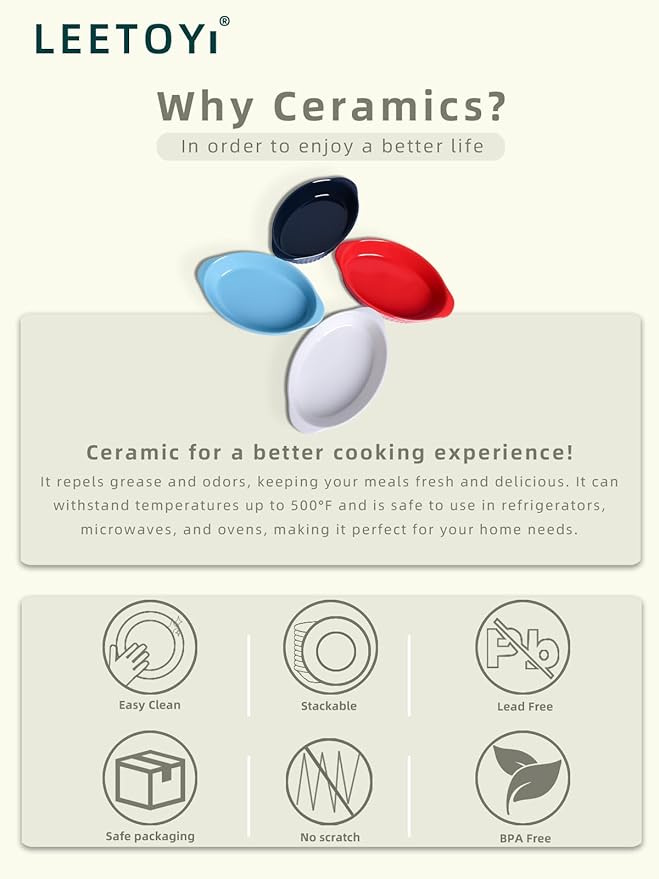 LEETOYI Porcelain Small Oval Au Gratin Pans,Set of 4 Baking Dish Set for 1 or 2 person servings, Bakeware with Double Handle for Kitchen and Home, Navy