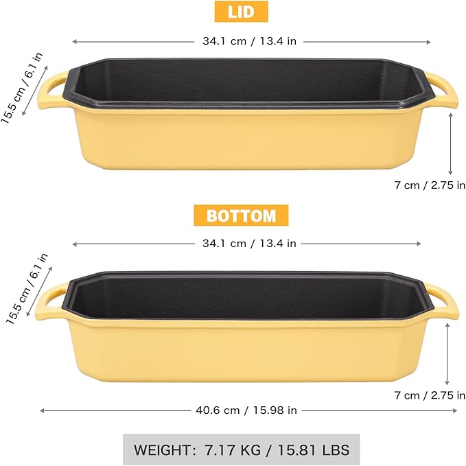 Flavehc Bread Pan Cast Iron Loaf Pan with Lid Bread Loaf Pan 13x5 Inch Enameled Cast Iron Sourdough Bread Pan,Yellow