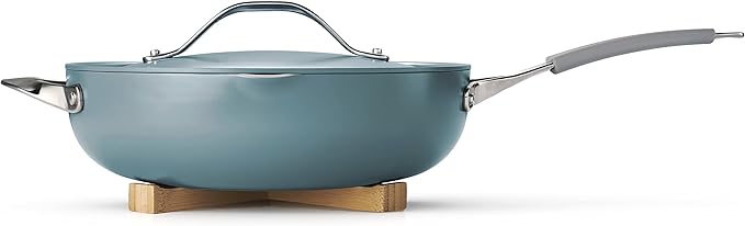 Tramontina All-in-One Plus Pan Set, 5-Quart Ceramic Non Stick Cooking Pan with Lid, Steamer Insert, Bamboo Utensil and Trivet, Blue