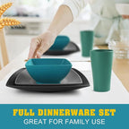 Teivio 16-piece Plastic Wheat Straw Square Dinnerware Set for 4, Unbreakable Dinner Plates, Salad Plates, Snack Bowls, Tumblers 13.5 oz, Dishwasher Safe, Kitchen Outdoor RV Dish, Coastal Multicolor