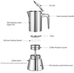 4 Cups Food-Grade Thickened Stainless Steel Moka Pot - Non-Coated Italian Greca Espresso Maker 200ml (6.8oz), Manual Stovetop Coffee Maker with Safety Valve, Suitable for all Types of Hobs