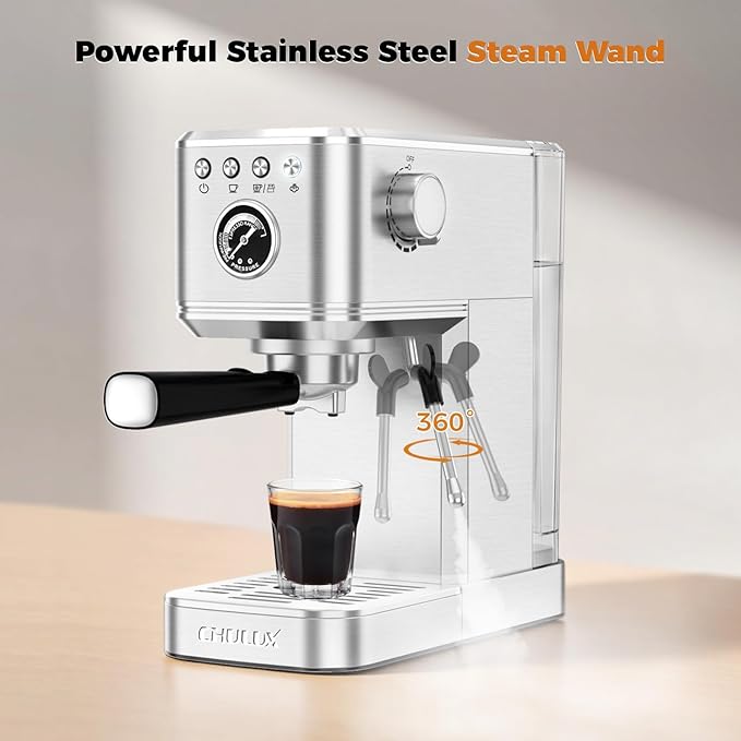CHULUX Elite Espresso Machine 20 Bar, Compact Stainless Steel Hot and Ice Espresso Coffee Maker with Steam Wand for Americano, Latte, Cappuccino & Home Barista Brewing, Sliver