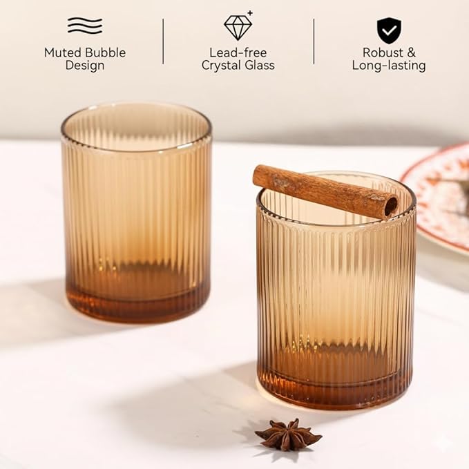 Physkoa Brown Ribbed Drinking Glasses Set of 6 – 9oz Vintage Amber Brown Glassware, Embossed Ribbed Tumbler Cups for Whiskey, Juice, Water, Cocktail