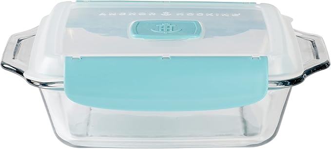 Anchor Hocking 8 Inch Square Cake Dish with TrueLock Locking Lid Bakeware, Clear