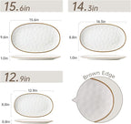 Ceramic Oval Serving Platter with Brown Rim: 15.6/14.3/12.9 Inch Large Serving Dishes for Entertaining Party, Turkey, Steak, Ham, Microwave Dishwasher Safe