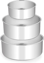 E-far Deep Cake Pan Set of 3 (6 inch/8 inch/9½ inch), Stainless Steel Round Layer Cake Baking Pans, Metal Tier Cake Tins for Wedding Birthday, Leak Proof & Straight Side, Non-toxic & Dishwasher Safe
